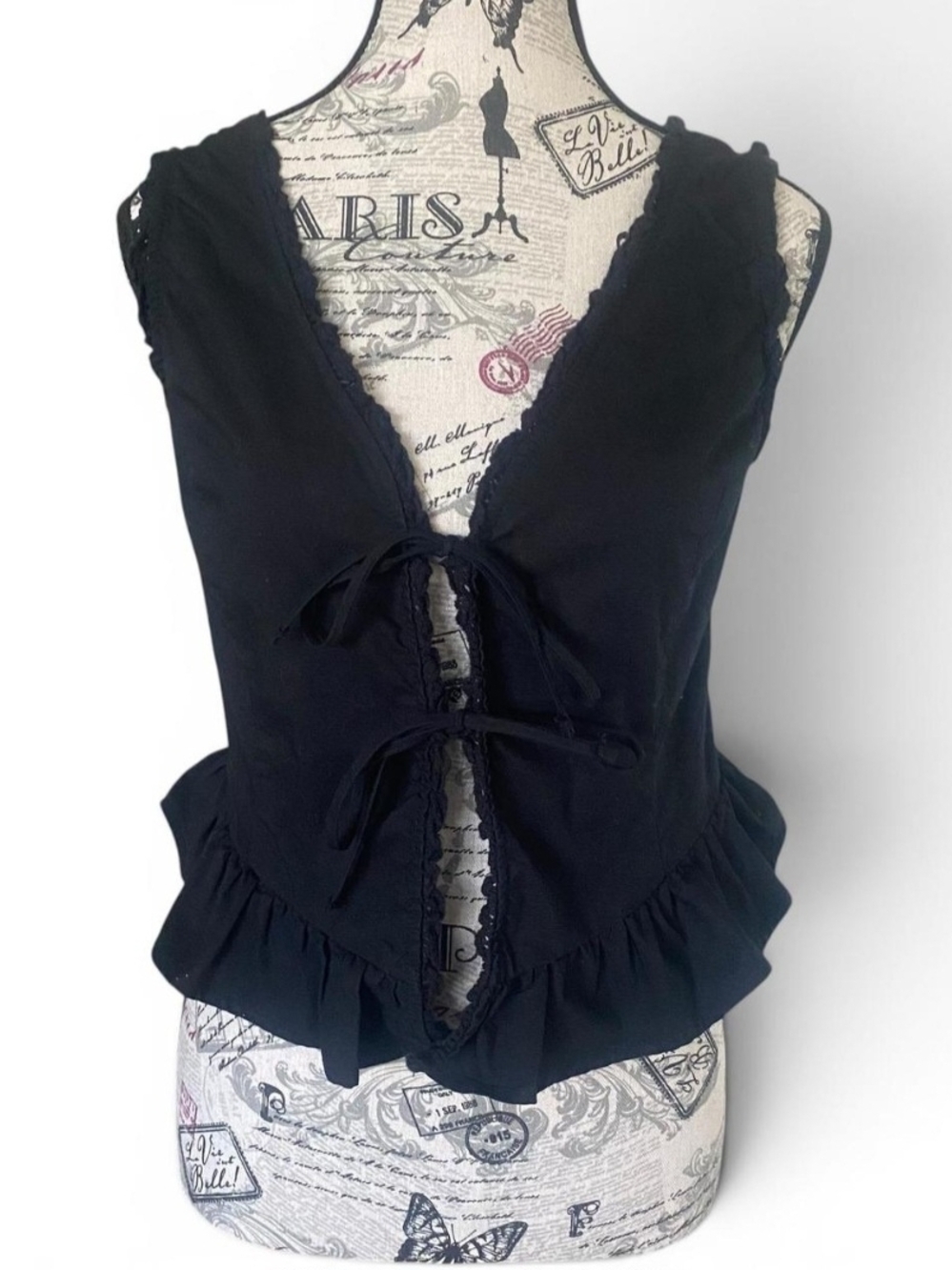 Corset Black Tie-Front Ruffle Hem Women's Top